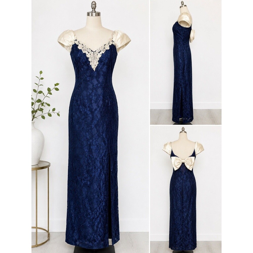 Roberta Vintage Navy Lace Maxi Gown Ivory Bow Cocktail Formal Party Dress Women